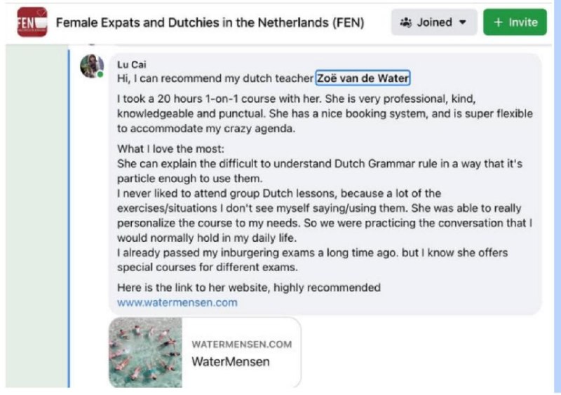 Facebook testimonial by Lu Cai recommending WaterMensen Dutch lessons
