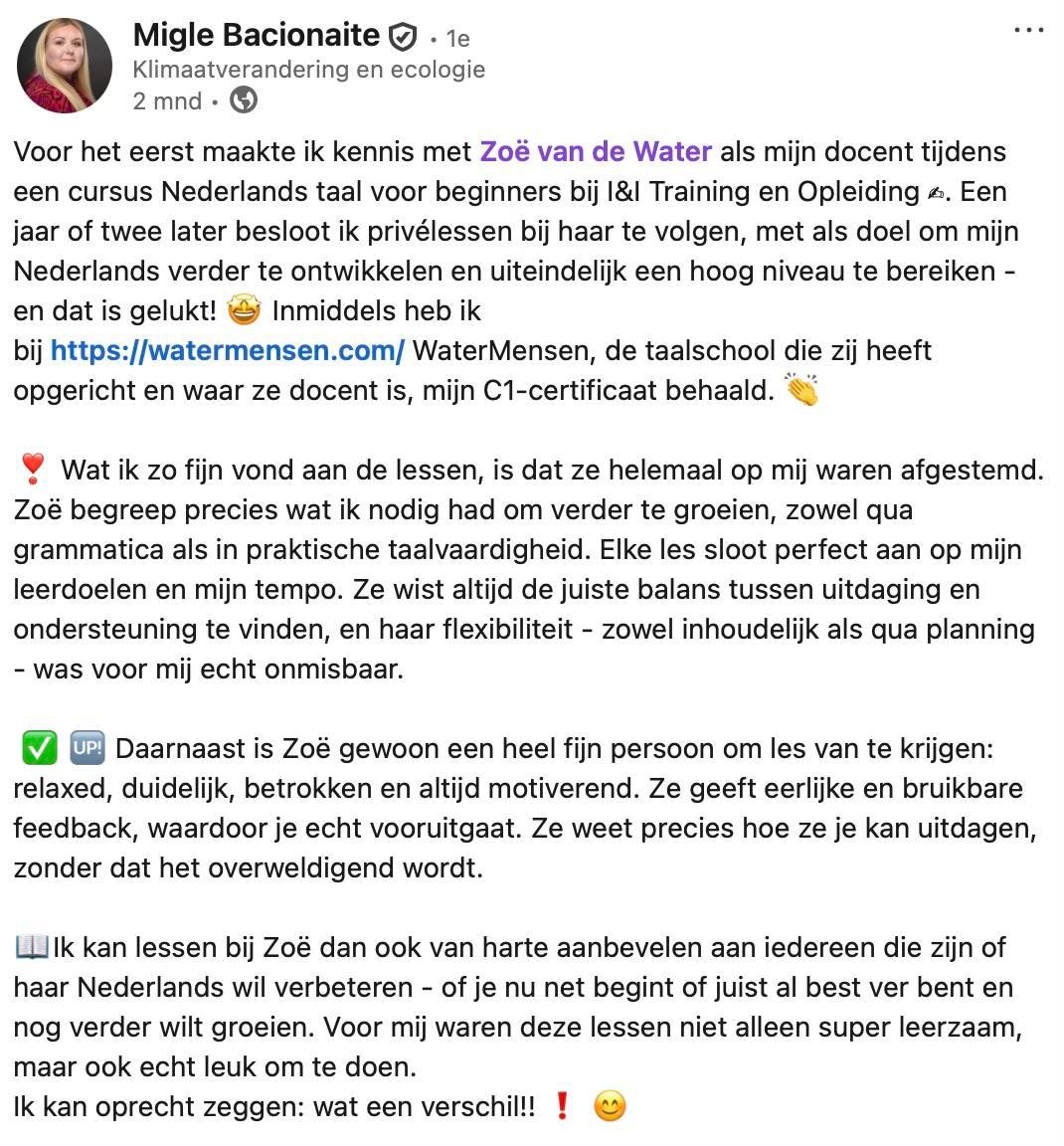 LinkedIn testimonial by Migle Bacionaite recommending WaterMensen Dutch lessons