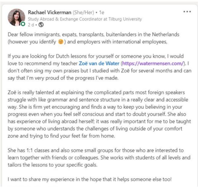 LinkedIn testimonial by Rachael Vickerman recommending WaterMensen Dutch lessons